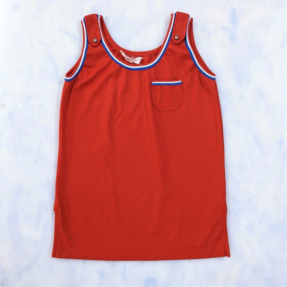 Vintage 1970s Mod Ringer Tank Top Tag L (Fits M) Red Pocket Single Stitch Retro